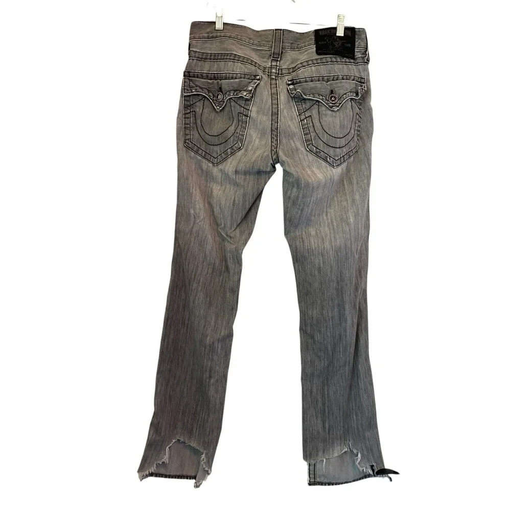 True Religion Ricky Jean Gray Wash Distressed Flap USA Straight Sz 31 Fit 32
